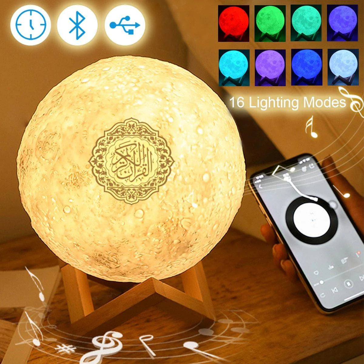 Mondlampe mit Koran-Bluetooth-Lautsprecher und LED-Ständer, 15 cm, Fernbedienung